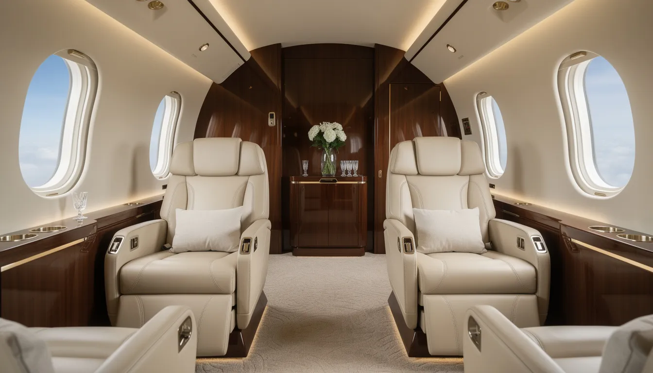 The image showcases the opulent interior of a luxury private jet cabin, featuring plush cream leather seats and elegant wood paneling, epitomizing the high standards of private aviation. This exquisite setting is designed for private jet travelers seeking personalized service and comfort in the private jet market.