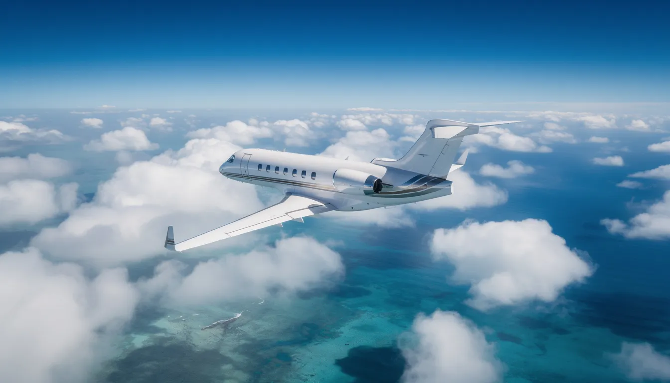 A private jet soars above fluffy white clouds, with a vibrant blue sky above and a shimmering ocean visible below, showcasing the luxury of private aviation and the freedom of private jet travel. This image captures the essence of private jets and the exhilarating experience offered by top private jet companies.