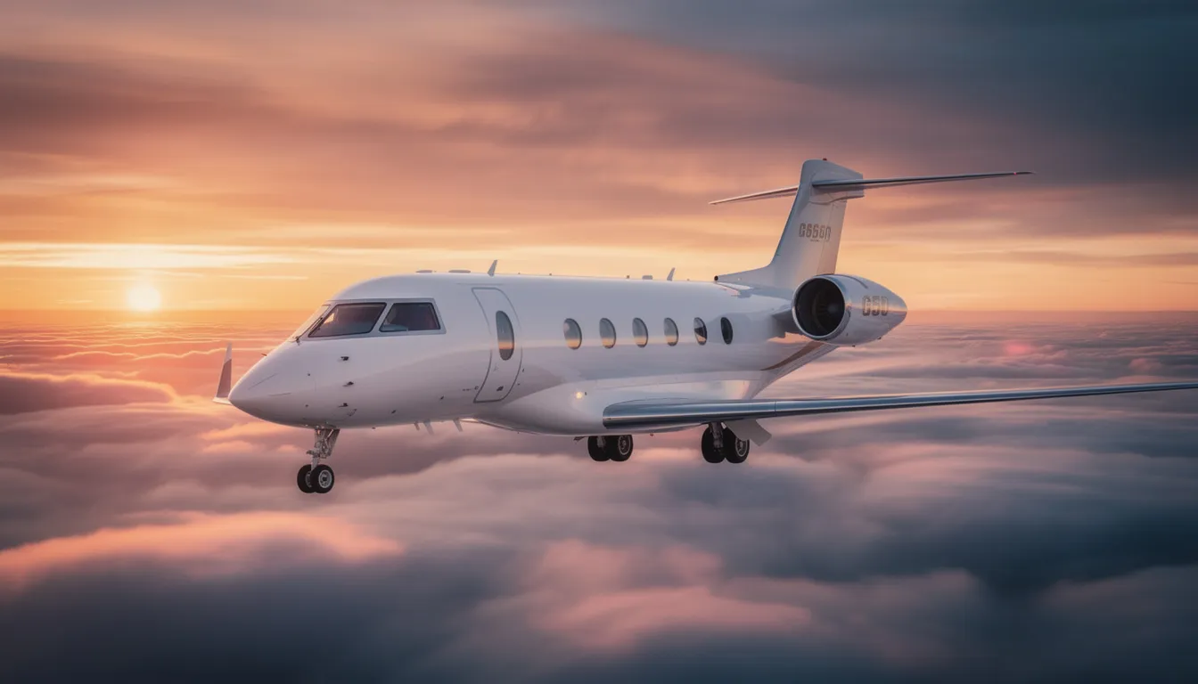 A Gulfstream G650 private jet soars gracefully above a sea of clouds, bathed in the warm hues of a dramatic sunset. This luxurious aircraft exemplifies private jet travel, offering discerning travelers a stress-free travel experience with personalized service.