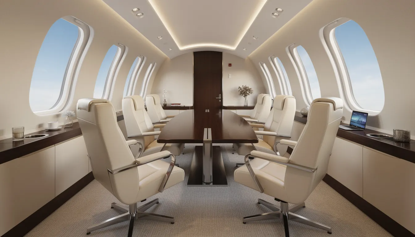 The image depicts the interior of a modern large-cabin private jet, featuring cream leather seats arranged in a conference configuration, with large windows allowing ample natural light. This luxurious space is designed for discerning travelers seeking a stress-free travel experience, perfect for private jet charter and business travel.