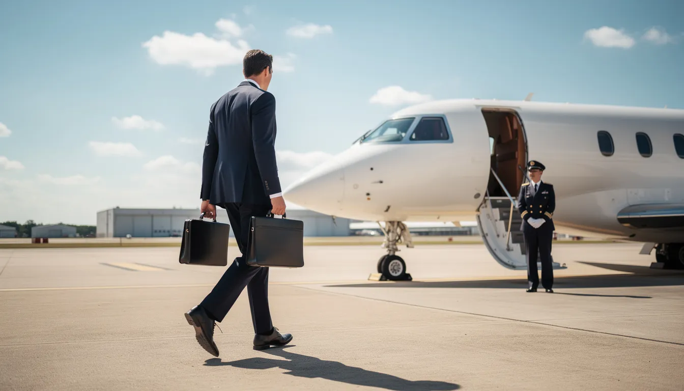 A business executive is walking towards a luxurious Cirrus Vision Jet on a sunny day, with the cabin door open and a crew member standing by the stairs, ready to assist. The spacious cabin and advanced features of this private jet highlight its appeal for comfortable travel.