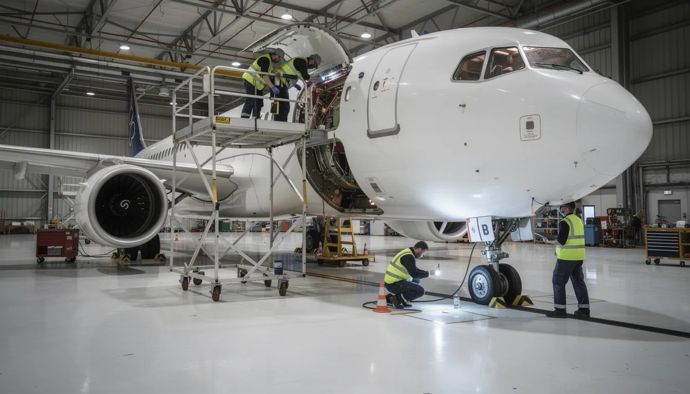 Inside a spacious hangar, a Cirrus Vision Jet is being meticulously inspected by maintenance crew members who are focusing on the engine and landing gear. The aircraft, known for its advanced performance and safety features, showcases its new factory paint and luxurious interior, ready for its next flight.