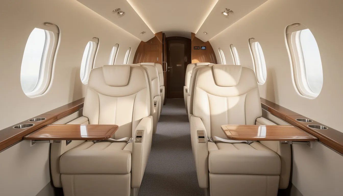 The image showcases the interior of a modern light jet cabin, featuring cream leather seats bathed in natural light from large windows, emphasizing cabin comfort and elegance. This luxurious space is designed for private aviation, providing a serene environment for passengers to enjoy during their flights.