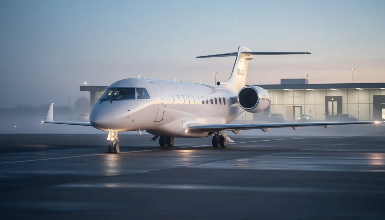 A modern private jet, such as the HondaJet Classic, sits on the tarmac of an executive airport during early morning, showcasing its sleek design and advanced performance features. The aircraft, designed for business owners, emphasizes cabin comfort and safety, ready for flights that prioritize speed and efficiency.