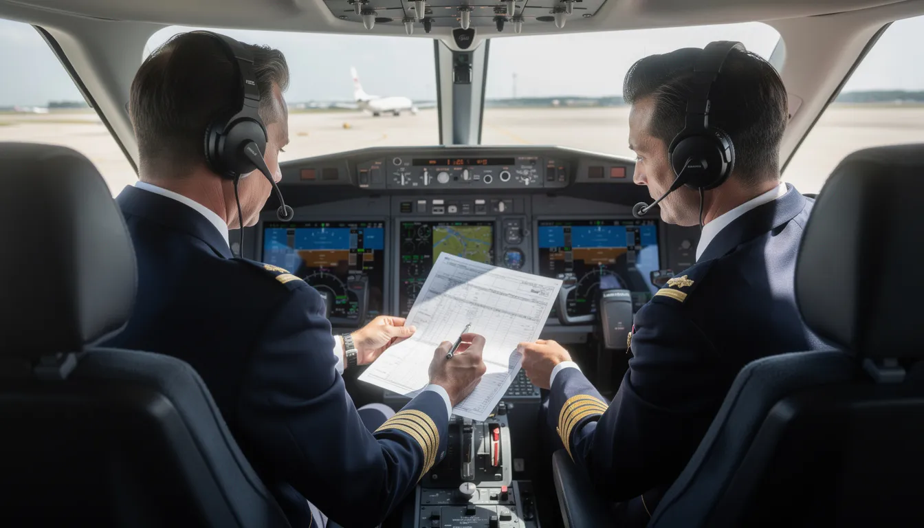 In a modern business jet cockpit, two professional pilots are intently reviewing a flight plan, surrounded by advanced avionics and a sleek center console. The interior reflects the high standards of private aviation, emphasizing safety and cabin comfort for a smooth journey.