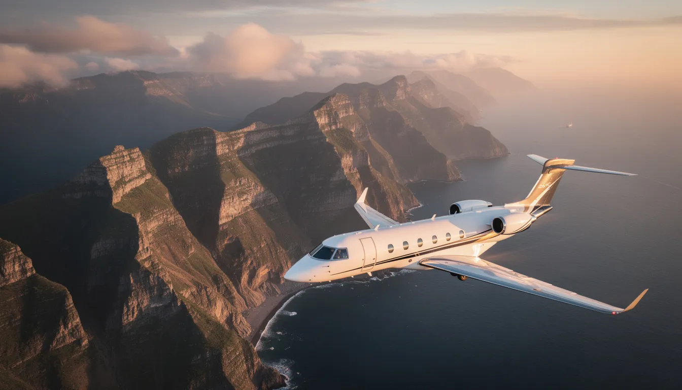 An aerial view captures a sleek private jet soaring over coastal mountains during the golden hour, showcasing the beauty of private aviation and the advanced performance capabilities of modern aircraft. The scene highlights the jet's elegant design and the tranquil landscape below, emphasizing the luxury and freedom of flight.