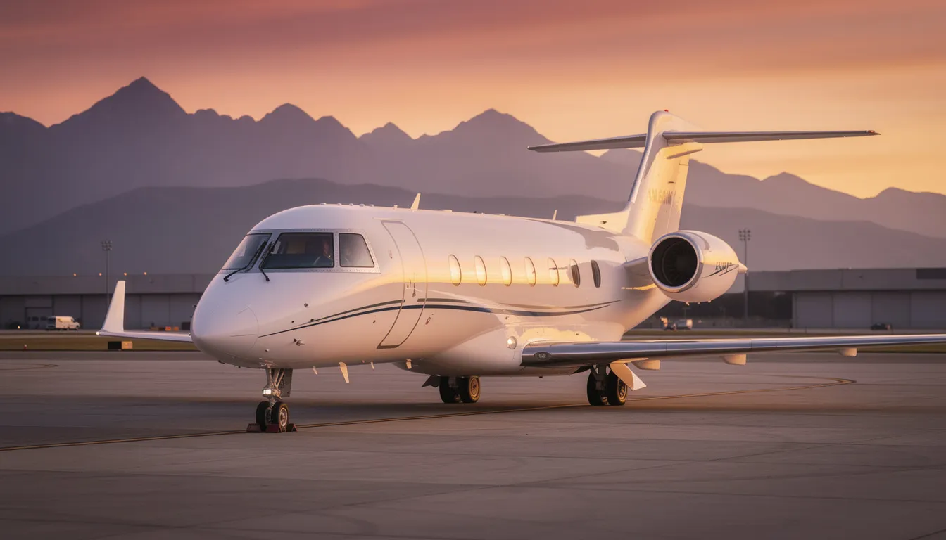 A modern luxury private jet, valued at around 20 million dollars, is parked on the tarmac during a stunning sunset, with majestic mountains in the background. The scene captures the essence of high-end travel, showcasing the sleek design of the aircraft and the tranquil ambiance of the surroundings.
