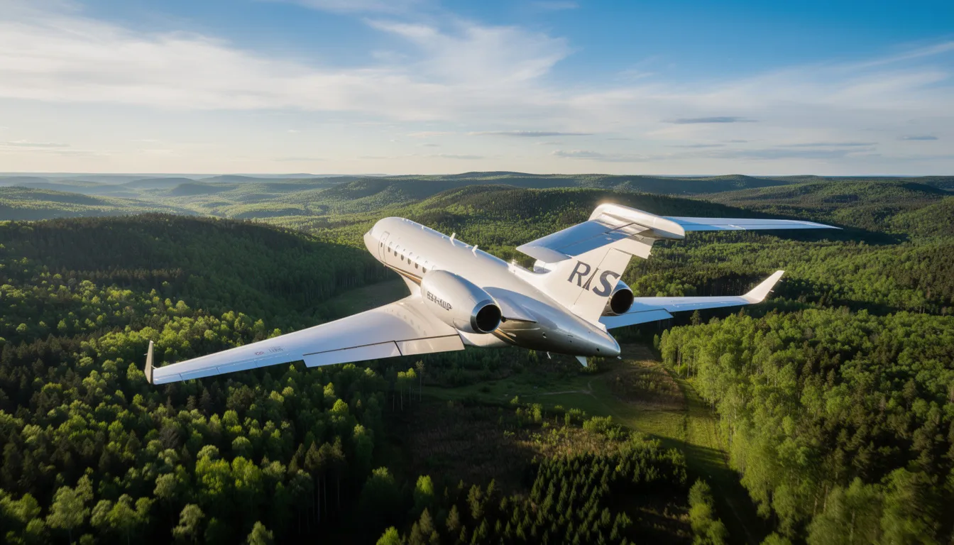 A luxurious private jet soars above a vibrant green forest landscape under a clear blue sky, showcasing its sleek design and the freedom of flight. This aircraft, valued at around 20 million dollars, embodies the pinnacle of luxury travel.