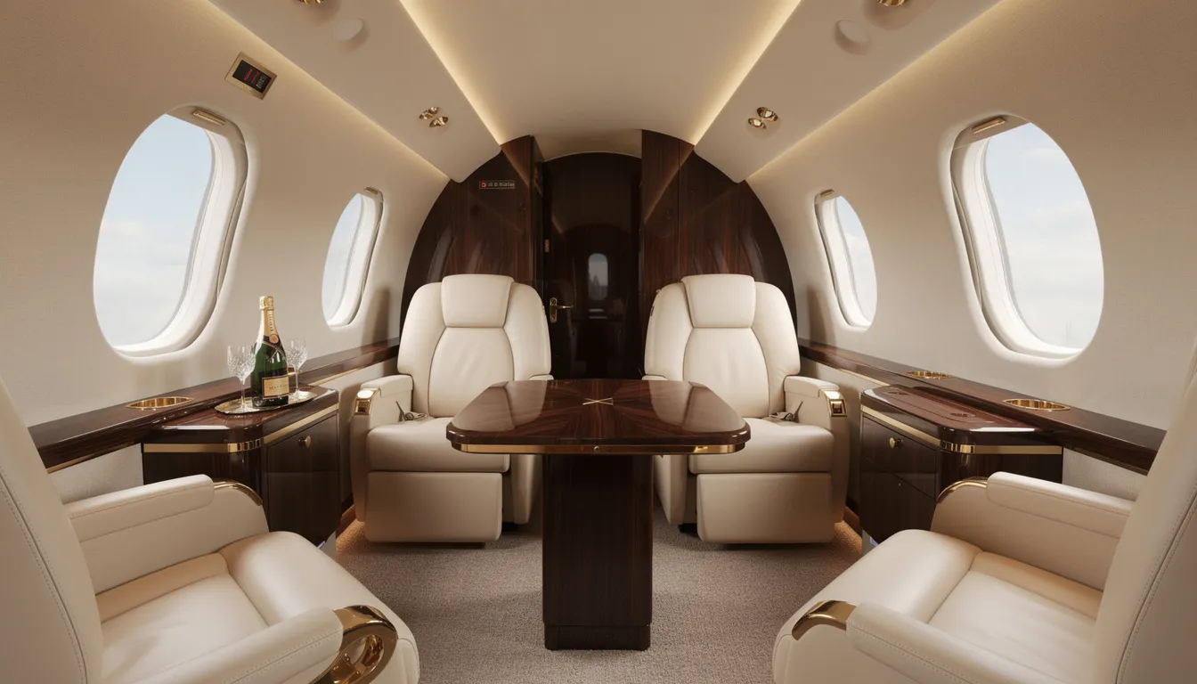 The image showcases the luxurious interior of a private jet, featuring cream leather seats and elegant wood paneling that create a spacious cabin. This opulent aircraft reflects the pinnacle of luxury travel, perfect for those seeking comfort while flying around the world.