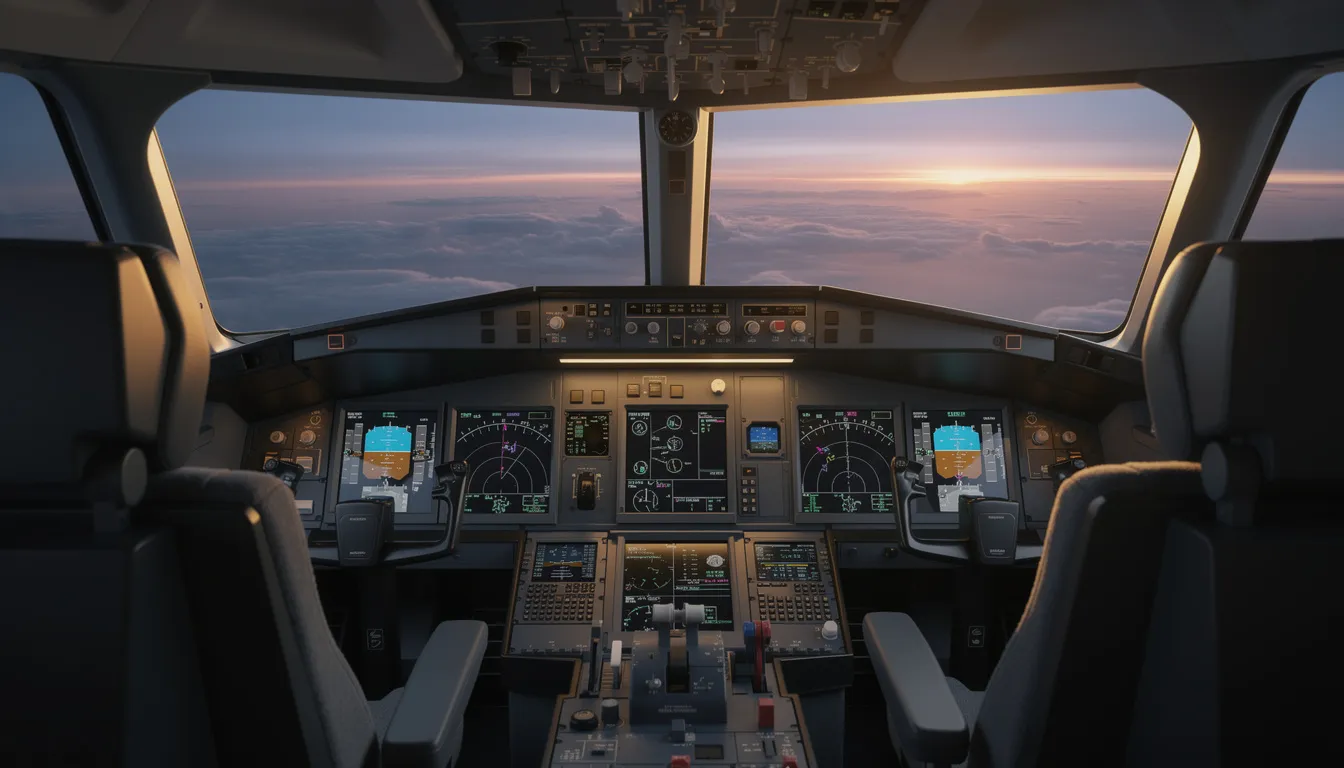 The image depicts a modern aircraft cockpit featuring advanced digital avionics displays, with a stunning sunset view visible through the windscreen, illustrating the luxury and sophistication of a private jet. This cockpit design reflects the pinnacle of aviation technology, ideal for those seeking high-speed travel in a spacious cabin.