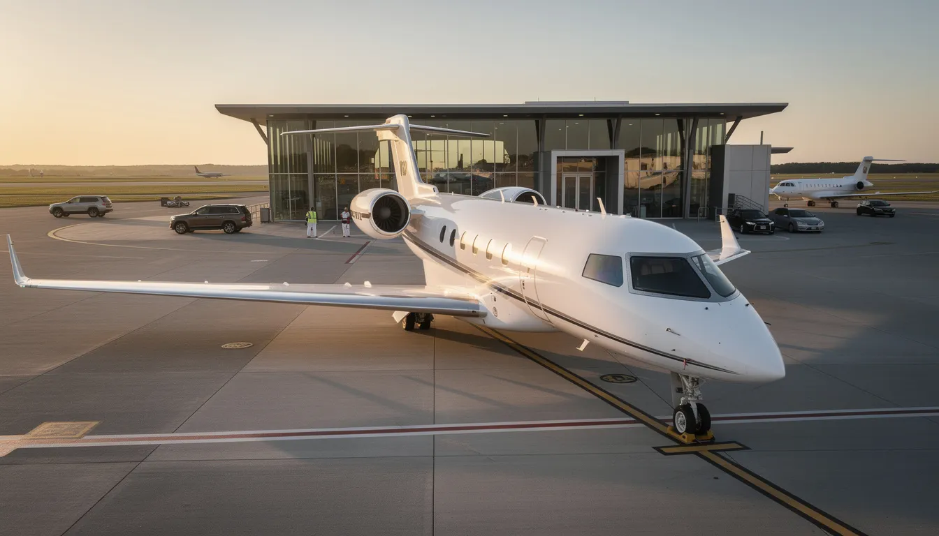 A sleek private jet is parked on the tarmac at an exclusive FBO terminal, showcasing the luxury of private aviation. This setting reflects the high standards of service expected by discerning travelers, highlighting the essential role of flight attendants and cabin hosts in providing unrivaled service during international travel.