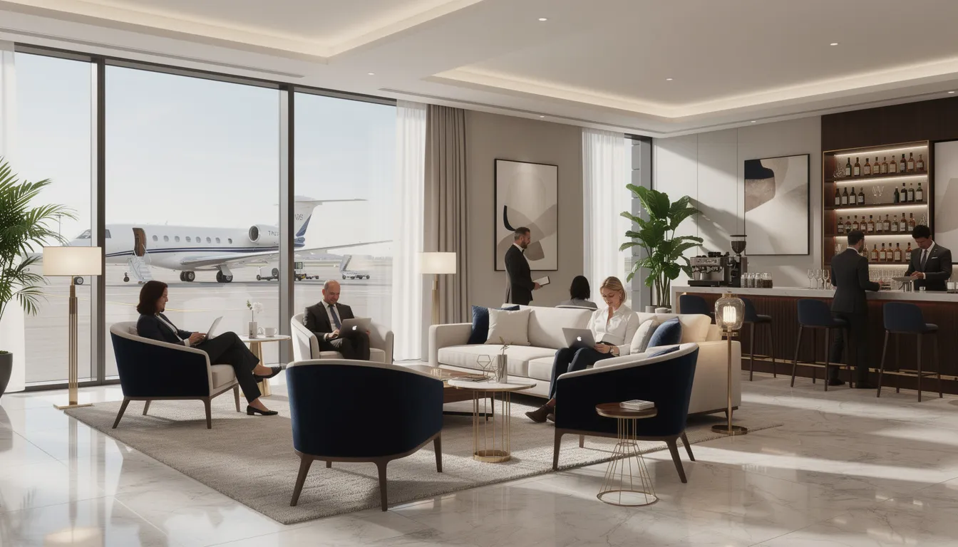 The image depicts an elegant private terminal lounge where discerning travelers are comfortably waiting, surrounded by plush seating and stylish decor. Flight attendants and cabin hosts are on hand to provide unrivaled service, ensuring a seamless experience for passengers in the world of private aviation.
