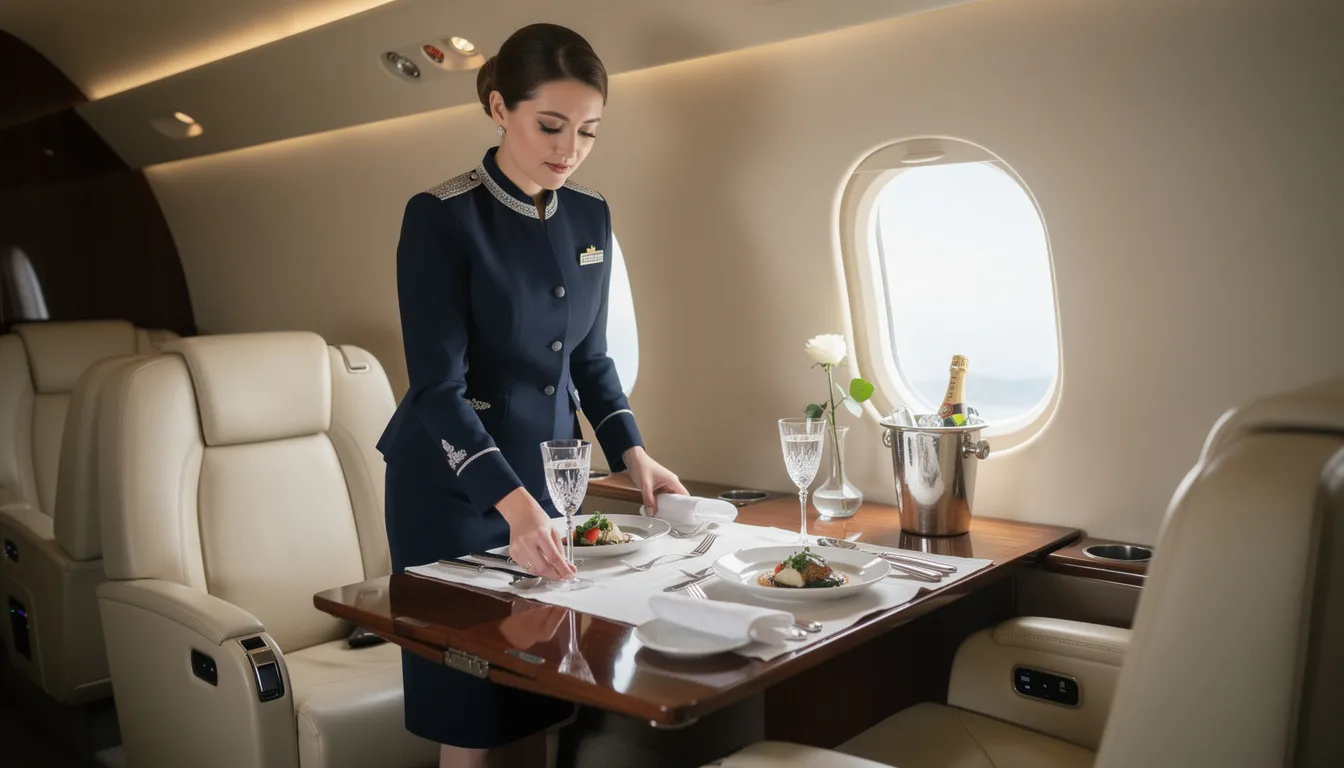 A professional flight attendant is elegantly arranging a fine dining service aboard a private jet, showcasing their VIP service expertise and attention to detail. The image highlights the cabin's luxurious interior, reflecting the high standards of private aviation and the unrivaled service that discerning travelers expect.