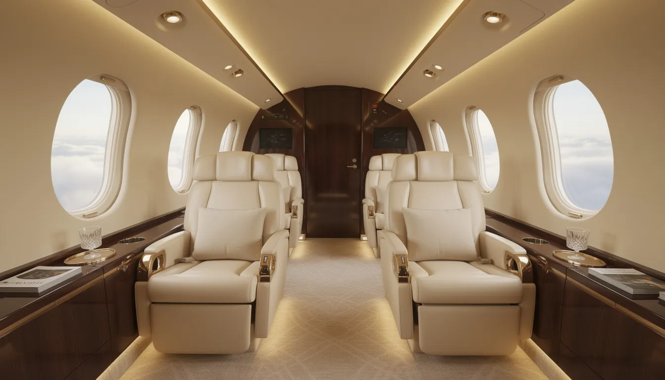 The image showcases the interior of a luxury private jet cabin, featuring plush leather seats and soothing ambient lighting that creates an inviting atmosphere for discerning travelers. This elegant space reflects the high standards of private aviation, where flight attendants provide unrivaled service, ensuring a comfortable and safe journey for all passengers.