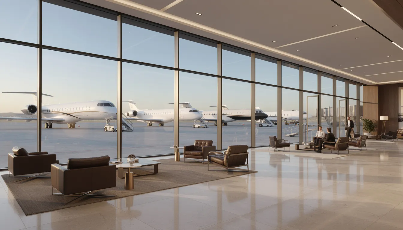 The image depicts a modern private jet terminal featuring expansive floor-to-ceiling windows that provide a view of parked business jets, highlighting the elegance of private aviation. Inside, passengers and flight crews can be seen enjoying the unparalleled service in a sleek and professional environment, indicative of the industry's commitment to excellence.