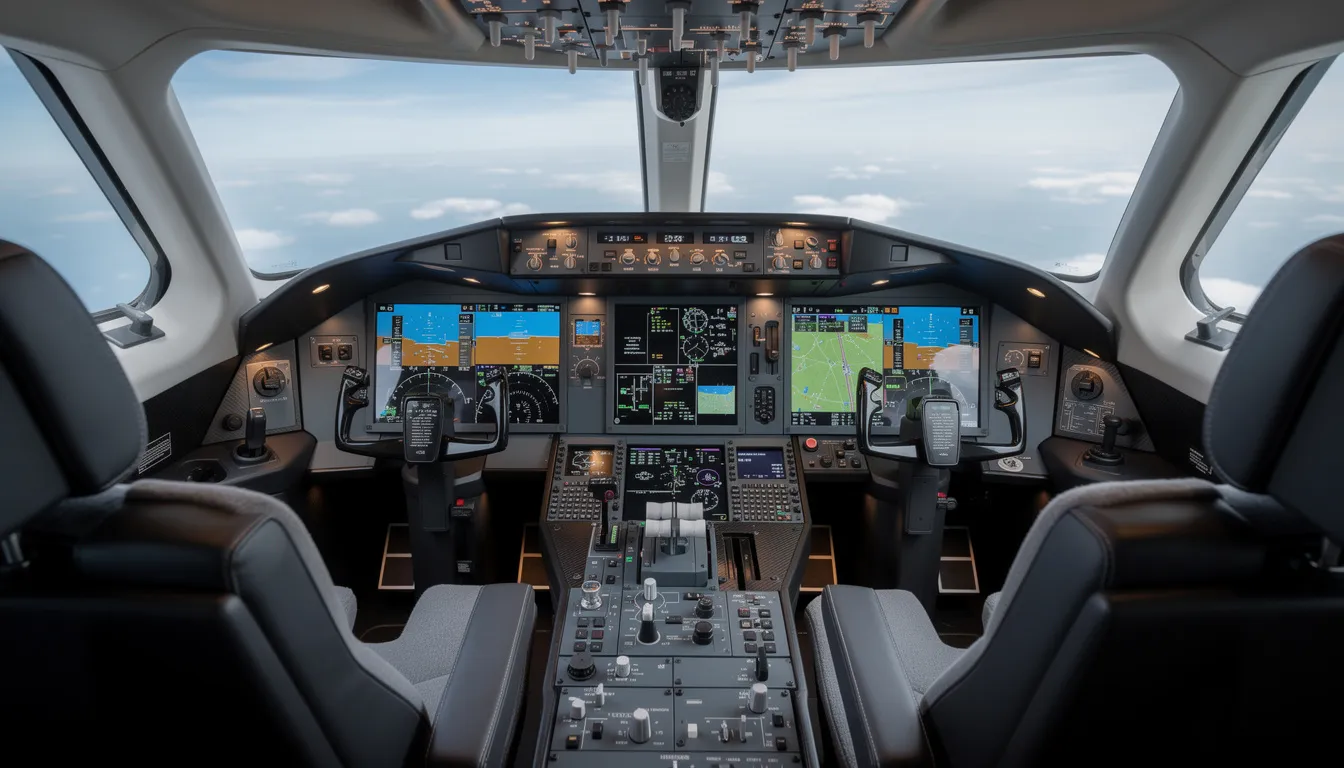 The image depicts a modern glass cockpit of a private jet, showcasing advanced avionics displays and control systems that highlight the cutting-edge technology used in private aviation. This sophisticated setup is essential for ensuring safety and efficiency in flight operations, reflecting the commitment to excellence and unparalleled service in the industry.