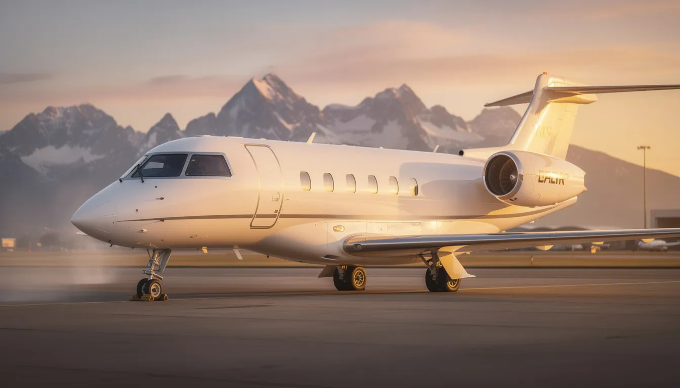 A sleek white private jet is parked on a tarmac during golden hour, with the sun casting a warm glow over the scene and majestic mountains in the background. This image captures the essence of private aviation, showcasing the elegance and luxury associated with the industry.