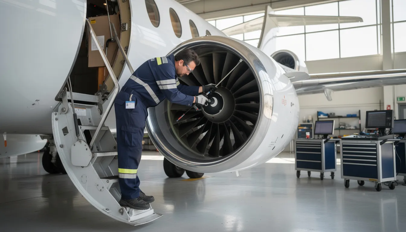 A professional aircraft technician is diligently performing maintenance on a private jet engine inside a modern hangar, showcasing the commitment to safety and excellence in private aviation. This hands-on work is essential for ensuring the highest quality of flight operations and service for clients.