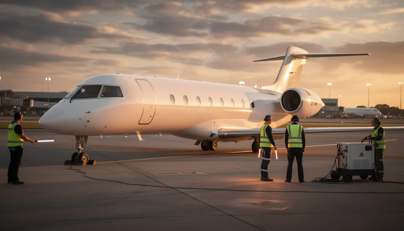 A private business jet is parked on the tarmac at sunset, with a ground crew visible preparing for the next flight. The scene captures the essence of private aviation, highlighting the teamwork of cabin crew and ground staff in the airline industry.