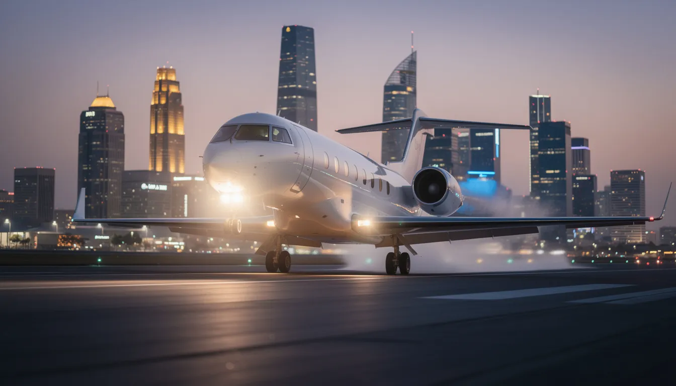 A private jet is landing at dusk, with the twinkling city lights visible in the background. This scene captures the essence of private aviation, showcasing the luxury of private jet flights, often serviced by dedicated flight attendants and cabin crew.