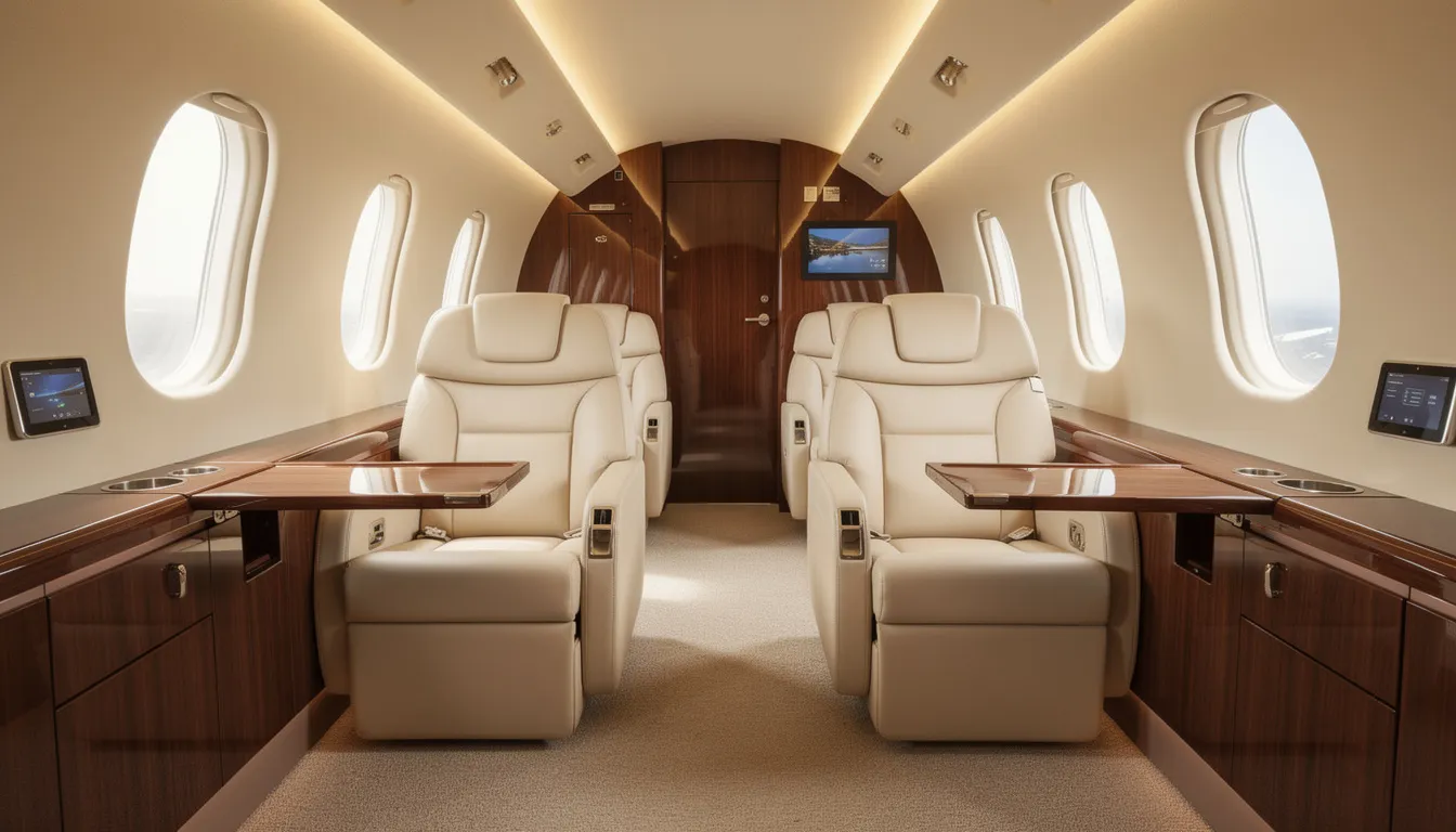 The image showcases a luxurious private jet interior featuring elegant cream leather seats and polished wood accents, designed to provide a comfortable and sophisticated environment for passengers. This opulent setting highlights the importance of cabin service, where flight attendants ensure that travelers enjoy their private jet flight experience.