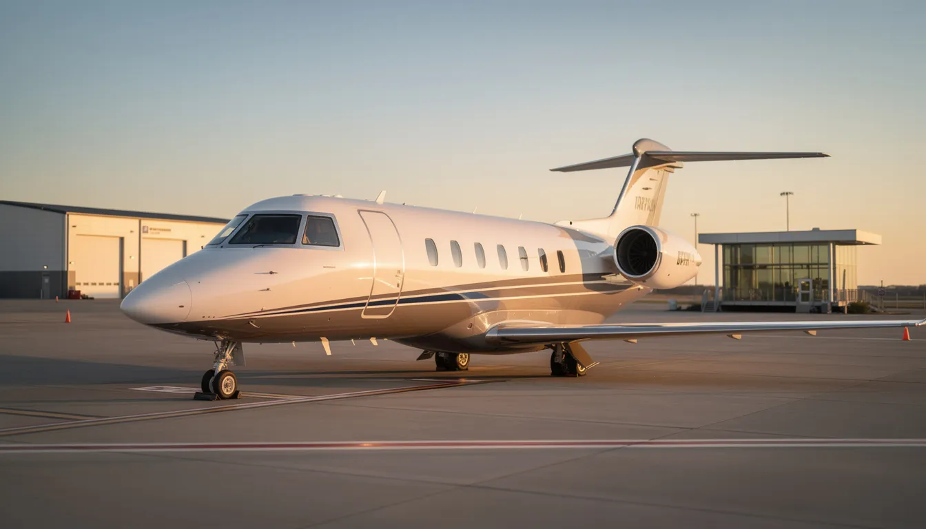 A sleek private jet is parked on the tarmac at an executive airport, bathed in the warm glow of golden hour light, highlighting its elegant design. This scene captures the essence of private aviation, where luxury meets efficiency, often facilitated by private jet charter brokers who manage the needs of high-profile clients in the industry.