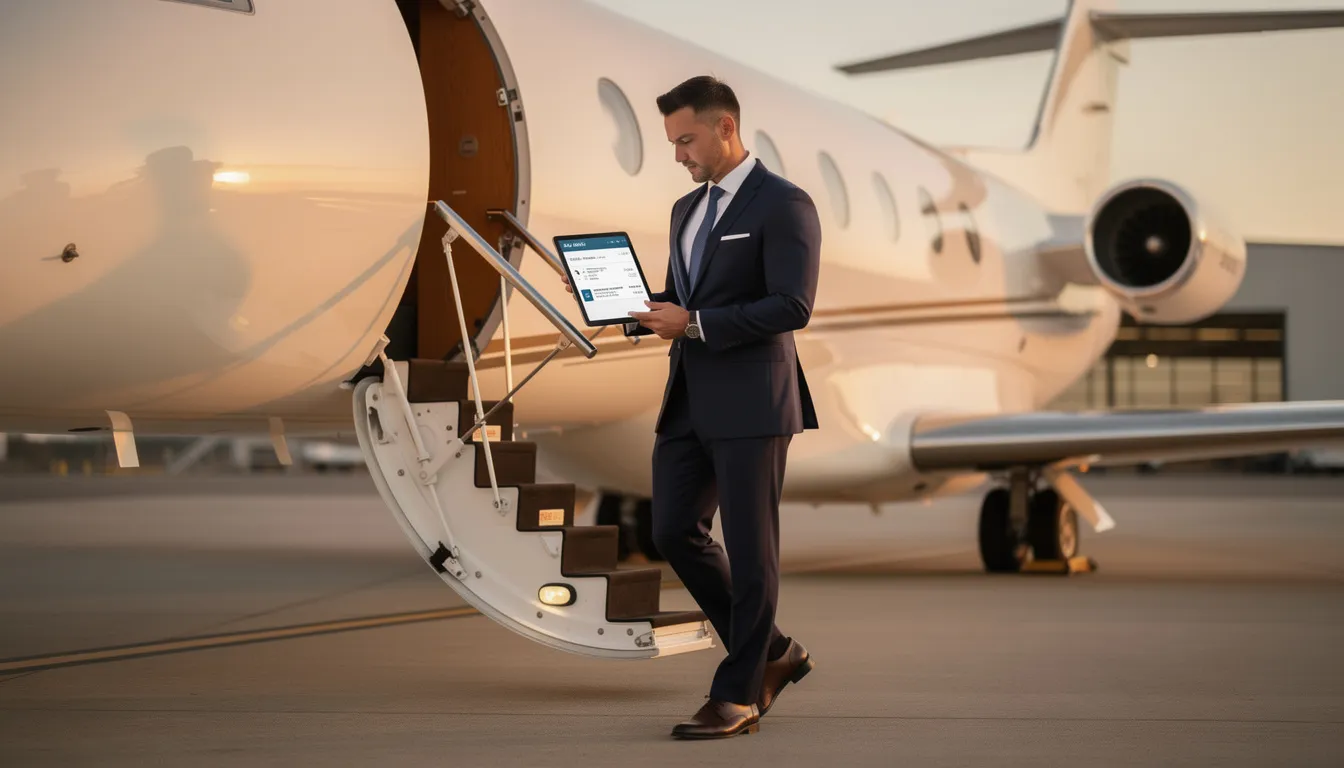 An executive client is boarding a private jet, attentively reviewing their itinerary on a tablet. The scene highlights the luxury of private aviation, as the client prepares for an exclusive trip, showcasing the high-profile nature of the private jet charter broker industry.