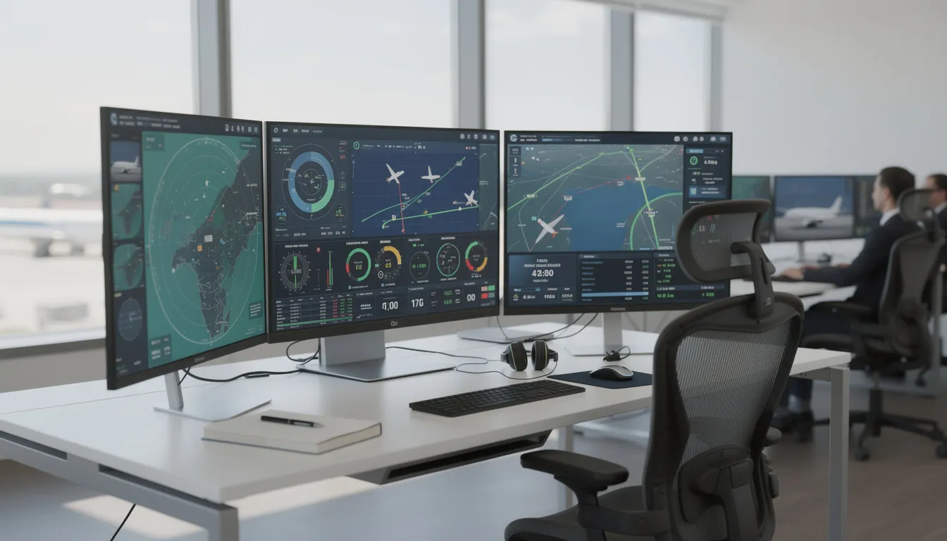 The image depicts a modern office workspace featuring multiple computer displays showcasing detailed aviation data, essential for aircraft brokers and aviation professionals. This environment reflects the industry knowledge and expertise required to navigate the aircraft market and attract clients in the aviation industry.