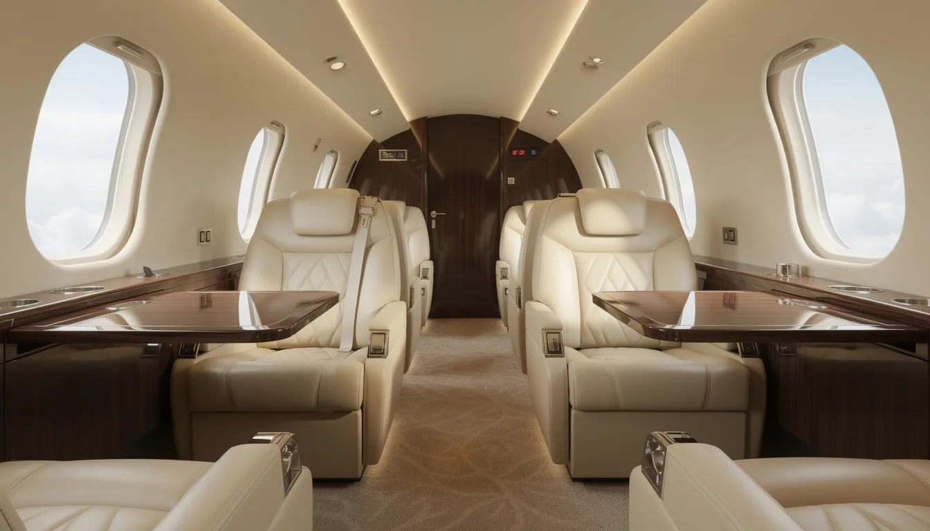 The image depicts the luxurious interior of a private jet cabin, featuring plush leather seats and elegant wood finishing, showcasing the high-end design typical in the aviation industry. This opulent setting reflects the level of comfort and sophistication that aircraft brokers strive to offer their clients in the aircraft sales market.