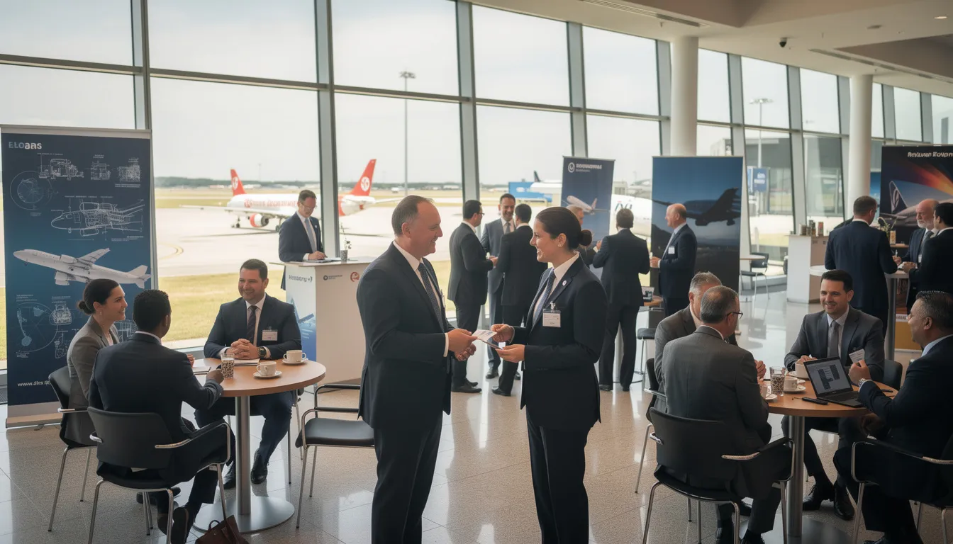 A group of aviation professionals is engaged in networking at an industry conference, discussing trends and opportunities in aircraft sales and brokerage. The atmosphere is vibrant, with experienced brokers sharing their expertise and insights on how to attract clients and succeed in the aviation industry.