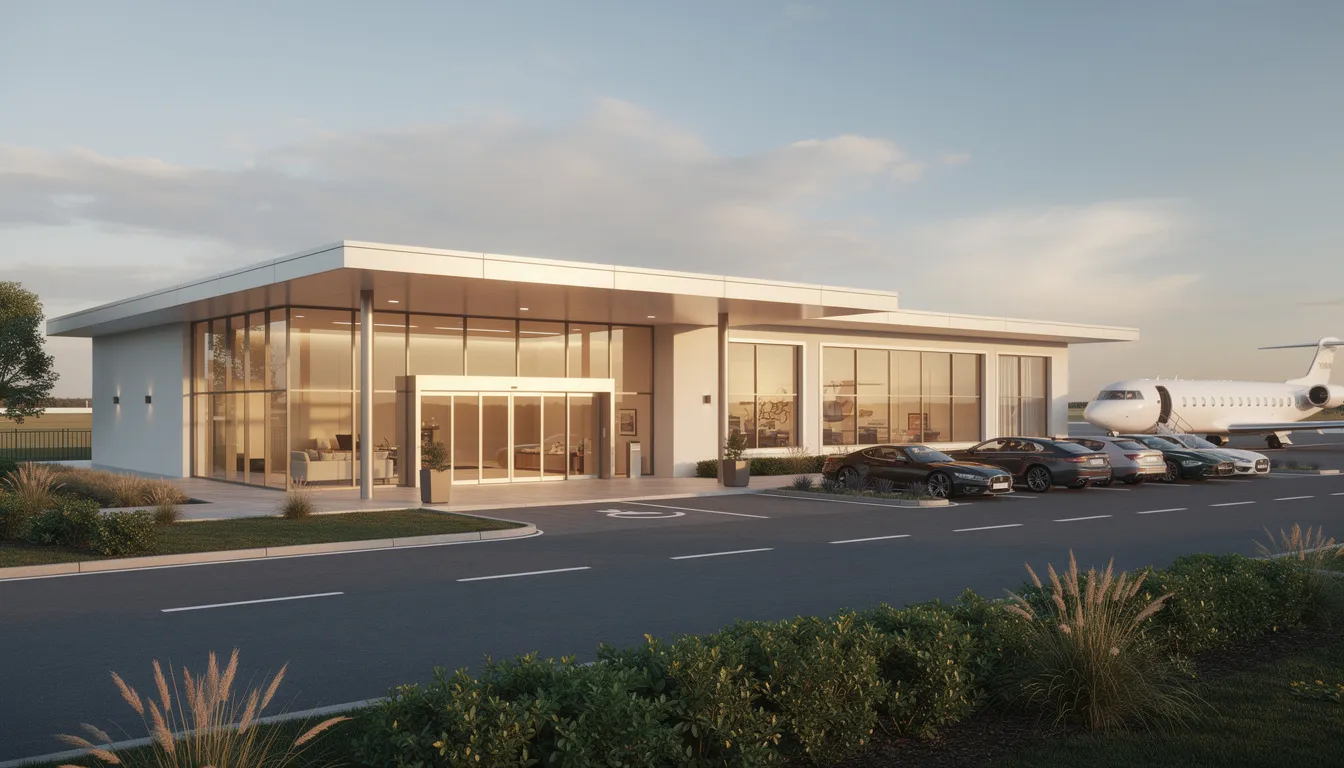 The image depicts the exterior of a modern private aviation terminal building, showcasing sleek architectural lines and large glass windows. This facility is designed for private jet clients, highlighting the luxurious and efficient nature of private jet sales and travel.