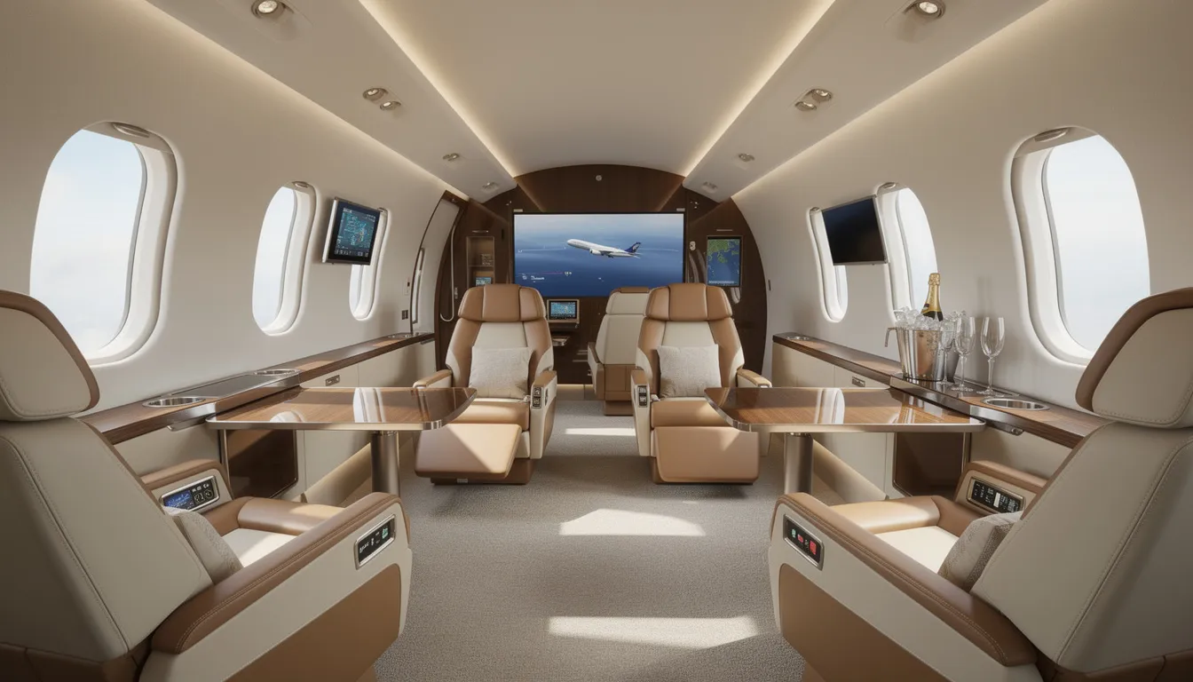 The image showcases a luxurious private jet interior featuring plush leather seats and modern amenities designed for comfort and style, ideal for high-profile clients in the aviation industry. This opulent setting highlights the quality and earning potential associated with private jet sales and brokerage careers.