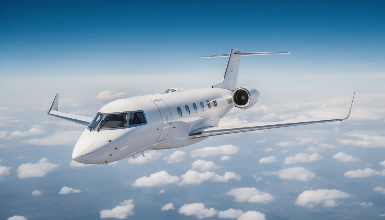 A sleek modern business jet soars through a clear blue sky, with fluffy white clouds visible below, showcasing the elegance and luxury of private aviation. This image captures the essence of private jet journeys, highlighting the freedom and speed of air charter service for discerning travelers.