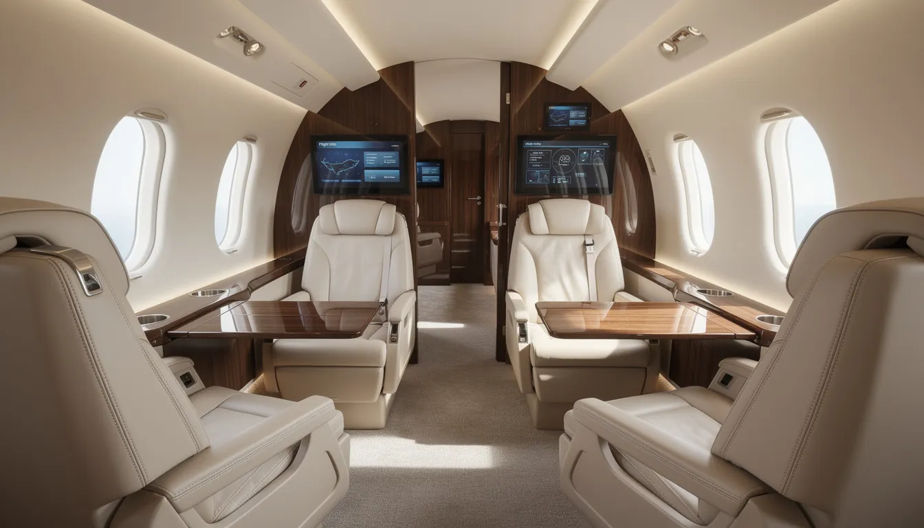 The image showcases a luxurious modern private jet cabin, featuring plush leather seats, elegant wood paneling, and digital screens displaying flight information, embodying the ultimate private jet experience for travelers. This sophisticated interior is designed for comfort and efficiency, ideal for private flights and business aviation journeys.