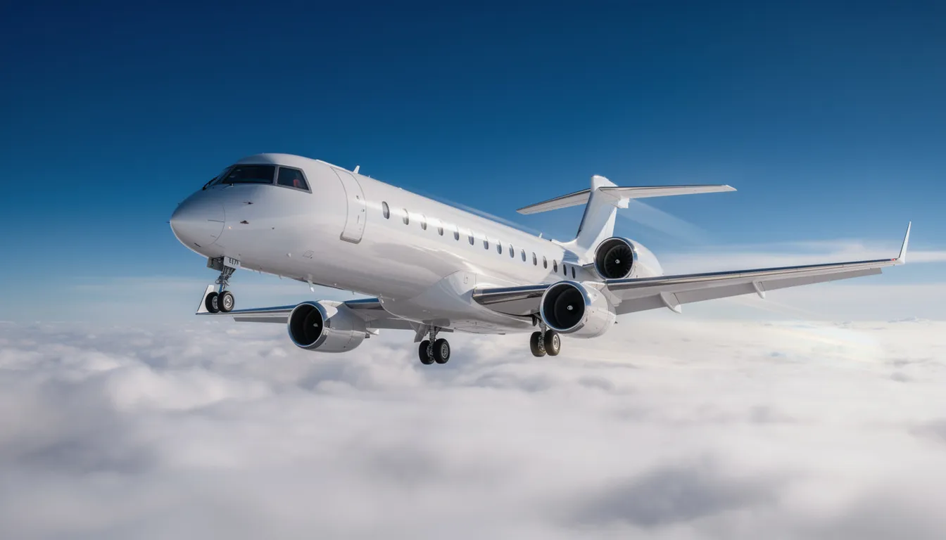 A private jet is soaring through a clear blue sky, with fluffy white clouds visible below. This image captures the essence of private jet travel, showcasing the luxury and freedom of flying above commercial air traffic.