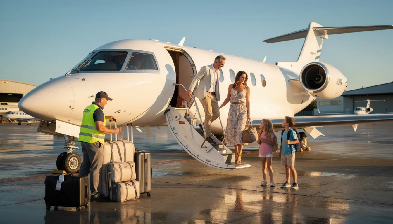 A family is boarding a private jet on a sunny day, with luggage being loaded by a dedicated team. The scene captures the convenience and luxury of private jet travel, highlighting the seamless journey ahead for the passengers.