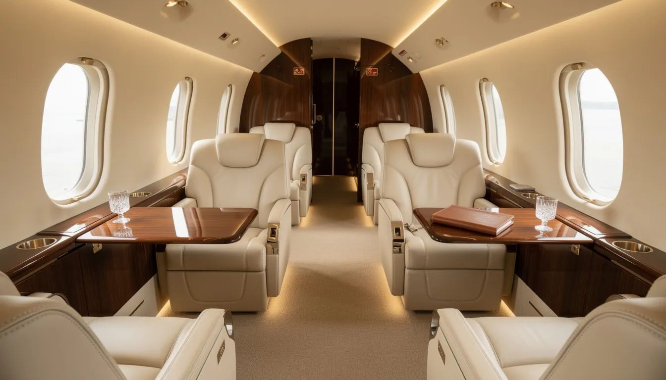 The image showcases a luxurious private jet interior featuring cream leather seats, elegant wood accents, and soft ambient lighting, creating a spacious cabin perfect for private jet travel. This sophisticated environment exemplifies the comfort and exclusivity of private aviation, ideal for those seeking a seamless journey without the hassles of commercial air travel.
