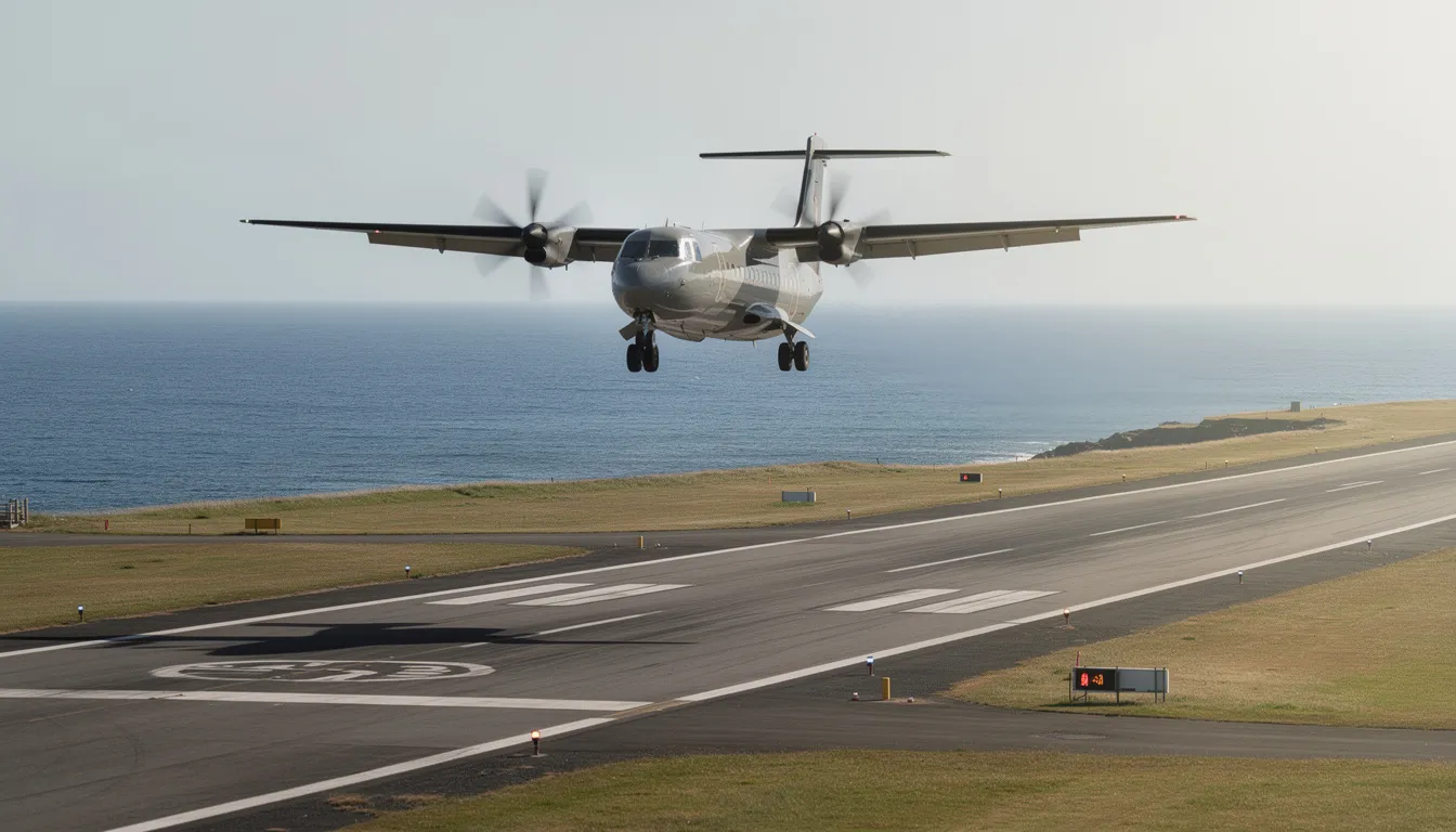 A turboprop aircraft is landing on a short coastal runway, with the ocean visible in the background, showcasing its ability to operate efficiently at small airports. The scene highlights the versatility of turboprop planes, often used for private jet charters and medium haul flights.