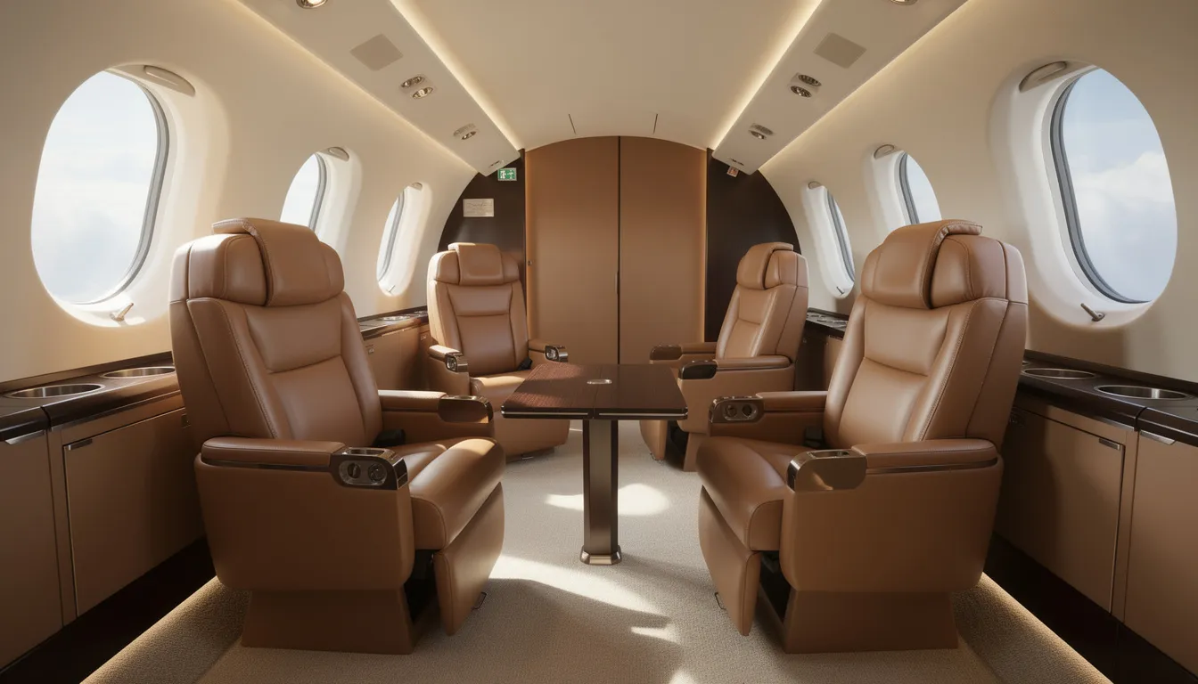 The image showcases the luxurious leather interior of a turboprop plane, featuring a club seating arrangement that comfortably seats passengers and large windows that offer expansive views. This elegant aircraft cabin exemplifies the comfort and style associated with private jet charters, making it an ideal choice for medium haul flights.