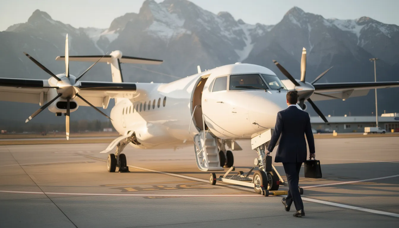 An executive is boarding a turboprop plane at a small regional airport, with majestic mountains visible in the background. The aircraft, known for its fuel efficiency and suitability for shorter runways, is preparing for takeoff, highlighting the convenience of private aviation.