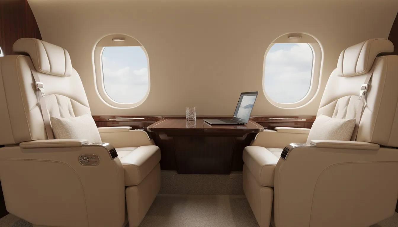 The image depicts the interior of a luxurious private jet cabin featuring plush leather seats and elegant wood trim, designed for comfort and style. This lavish setting exemplifies the high-end experience that private jet travel offers, allowing passengers to enjoy a more direct route while flying at higher altitudes than commercial aircraft.