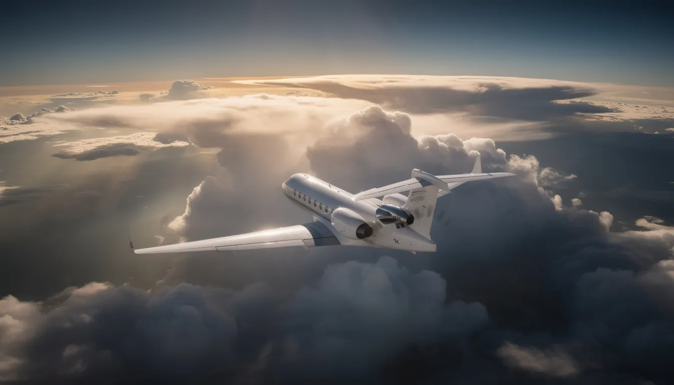 A luxury private jet is soaring above dramatic storm clouds, with rays of sunlight breaking through at higher altitudes. This scene captures the essence of private jet travel, where planes fly higher than commercial aircraft, avoiding unfavorable weather conditions and enjoying a more efficient flight experience.