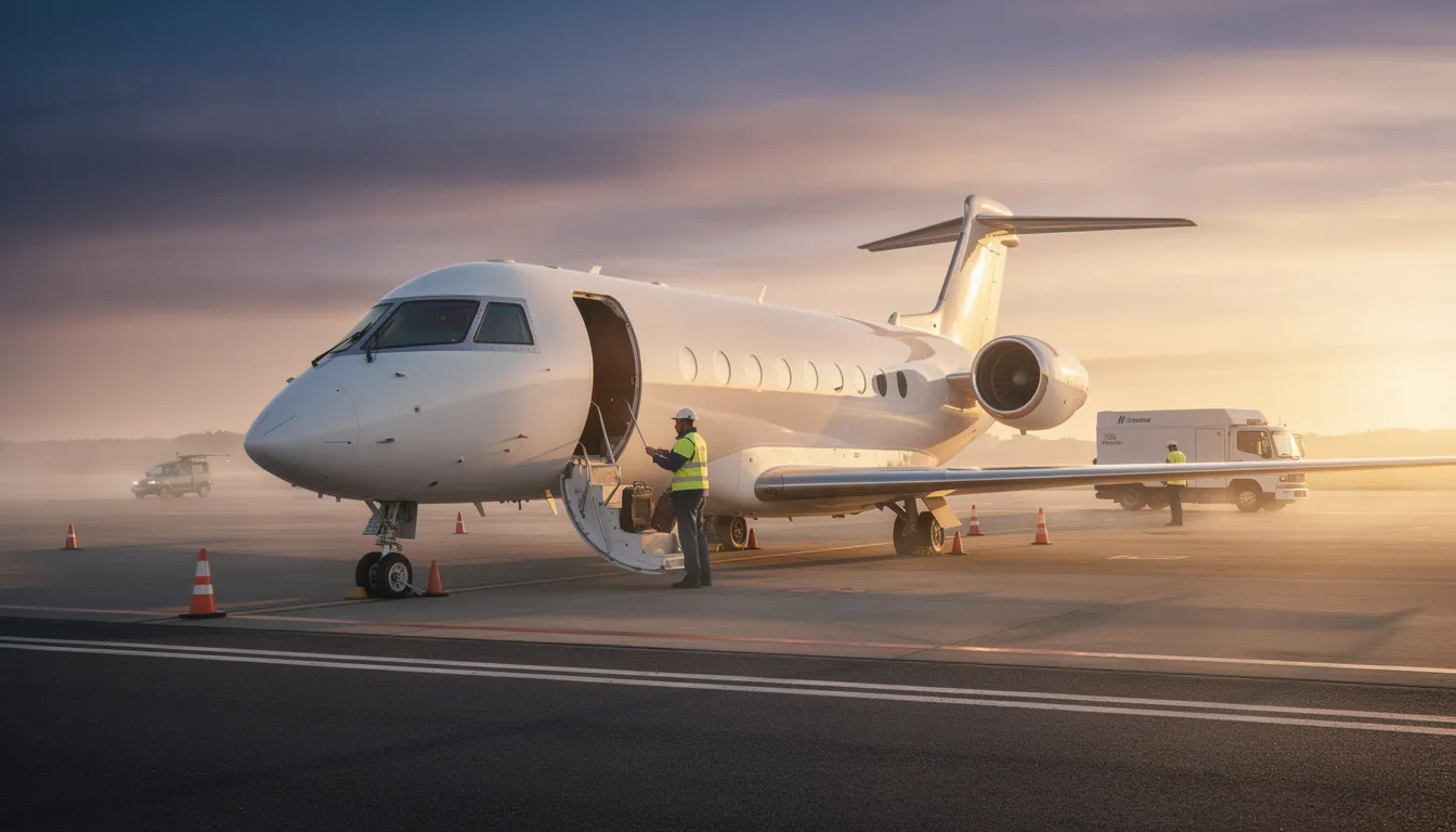 A sleek private jet sits on the tarmac at sunrise, with a dedicated ground crew preparing for departure. The aircraft, showcasing the latest advancements in business aviation, is ready to offer passengers a comfortable flight experience with key safety features and enhanced vision systems.