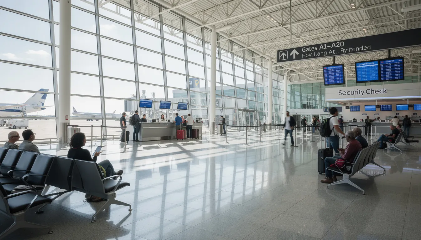 The image depicts a bustling commercial airport scene, highlighting a mix of private jet travelers and commercial flight passengers as they navigate through customs procedures. In the background, customs officers assist travelers with necessary documentation while private jets await clearance at a dedicated terminal.