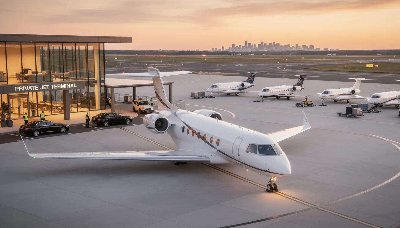 The image depicts a private jet parked at the Indianapolis International Airport, showcasing the sleek design of the aircraft, which is ready for a luxurious private flight. In the background, the airport facilities are visible, highlighting the convenience of private air travel to and from Indianapolis.