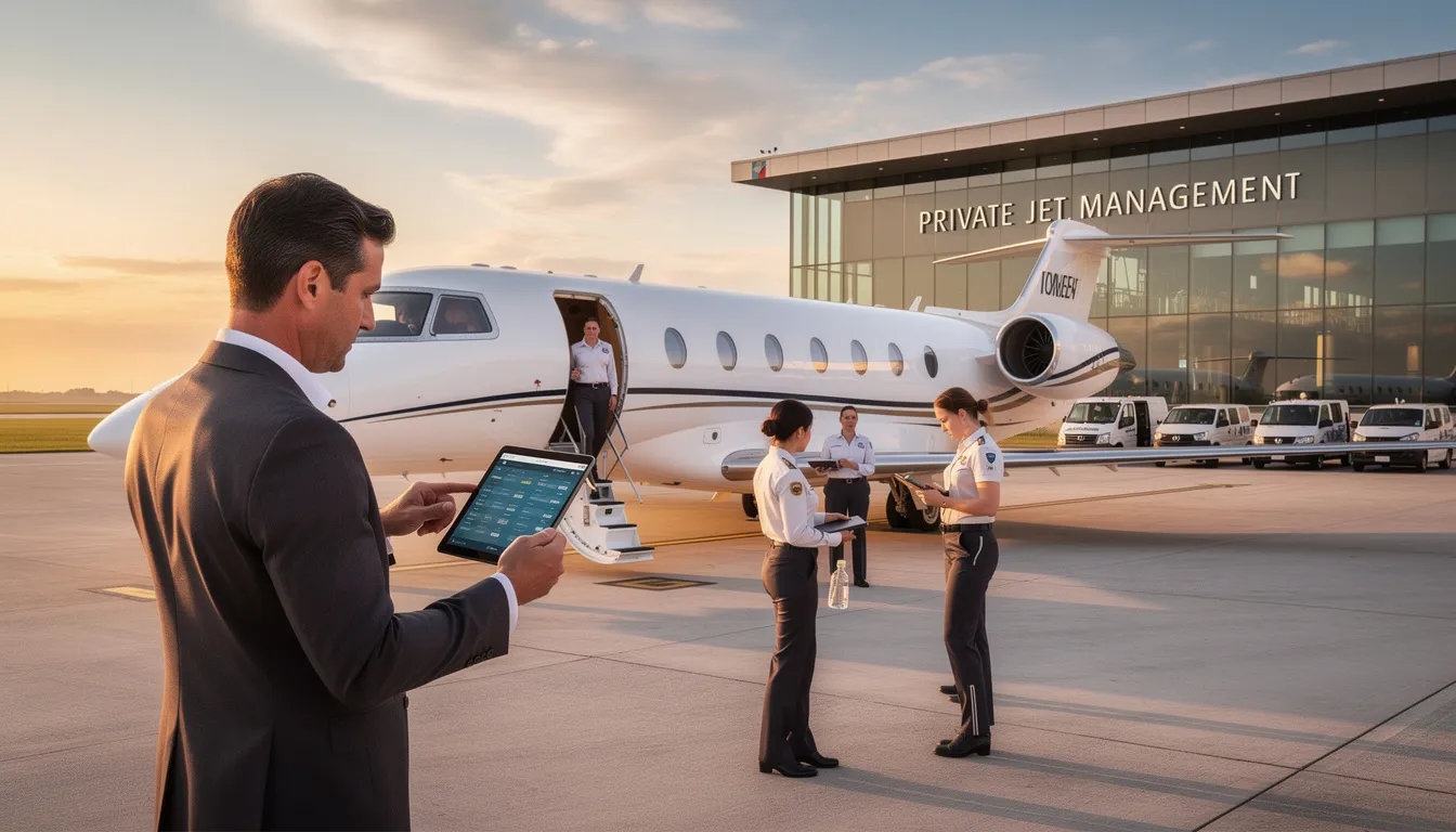 An image depicting a luxurious private jet ready for takeoff at Toronto Pearson International Airport, showcasing its spacious cabin and sleek design. This private jet management service offers tailored charter flights to various worldwide destinations, ensuring a personalized travel experience for passengers.