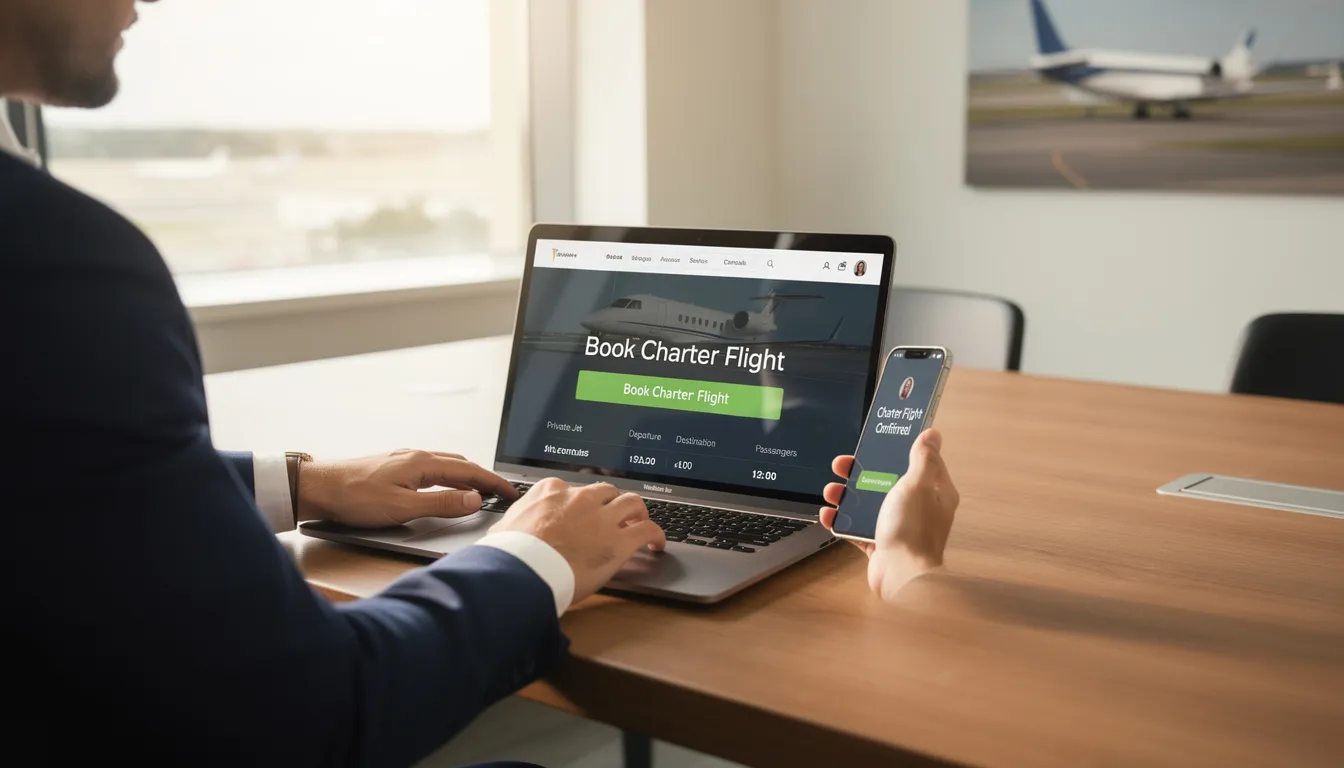 The image depicts a sleek private jet preparing for a charter flight, showcasing its luxurious exterior and spacious design. This represents the convenience of private jet travel, highlighting options for booking private charter flights, including empty leg flights for cost savings.