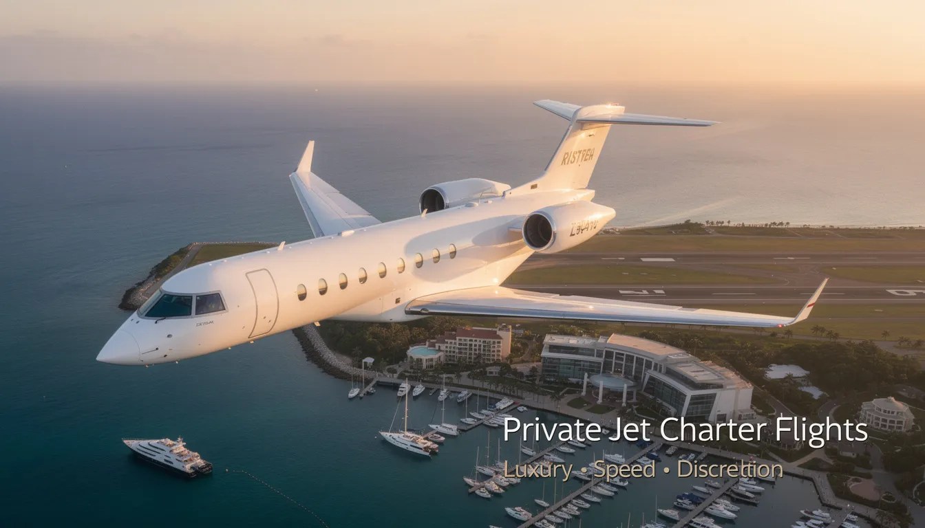 The image depicts a sleek private jet parked on a tarmac, showcasing the luxury and convenience of private jet charter flights. With its polished exterior and spacious design, this aircraft represents the premium experience of flying private, offering travelers flexibility and comfort for their next journey.