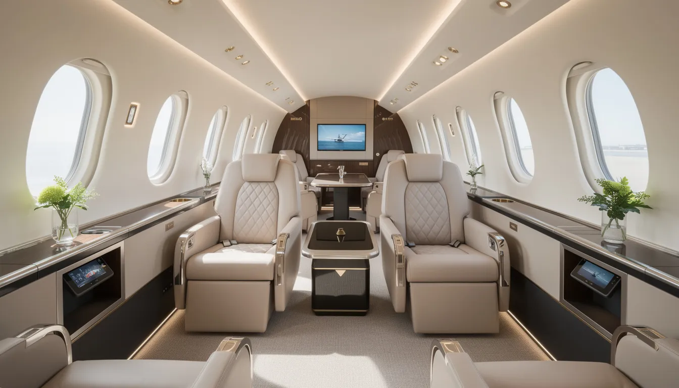 The image showcases a luxurious private jet cabin featuring JetBlue's mint seats, designed for maximum legroom and comfort. The space is equipped with modern amenities, including Wi-Fi and plush pillows, creating an inviting environment for customers to relax during their flight.
