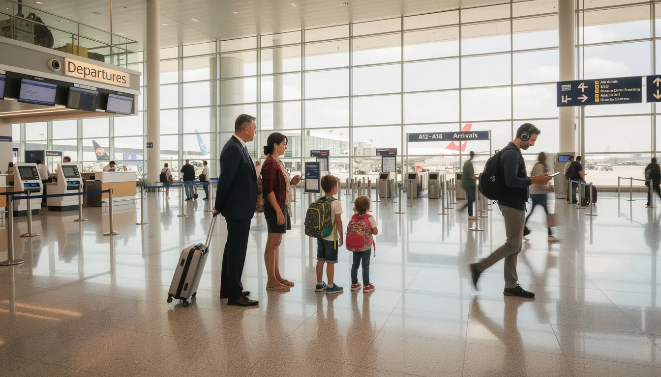 The image captures a bustling airport scene, showcasing travelers utilizing terminals with JetBlue branding, as they prepare for their flights. Comfortable mint seats and amenities like Wi-Fi and breakfast options from Brooklyn Roasting Company enhance the experience for customers eager to board their aircraft.